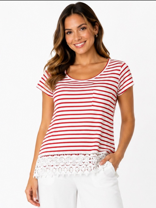 Charter Club Tops - Charter Club Women’s Striped Crochet Lace Hem T-Shirt Red White 100% Cotton Sz M